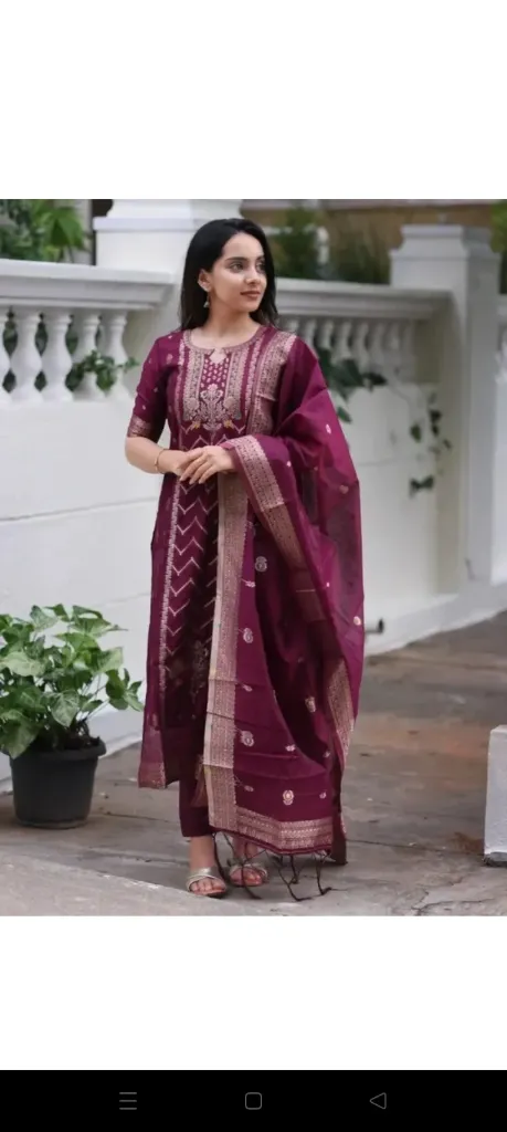 KL-ST-11-WINE-M Embroidered Kurta, Trouser/Pant & Dupatta Set (Wine, Small)